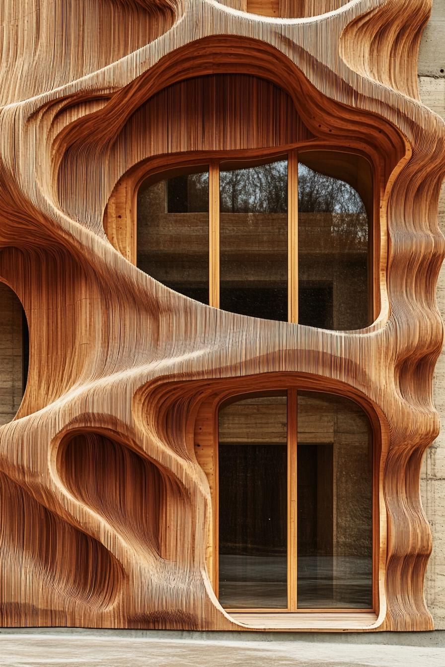 Wavy wood facade with ribbed design and large windows