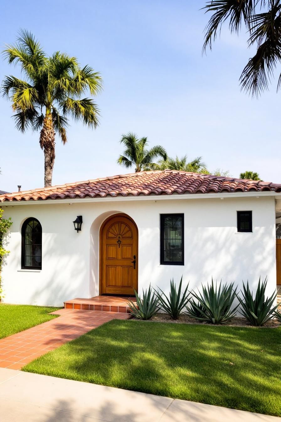 White bungalow with terracotta roof and palm trees