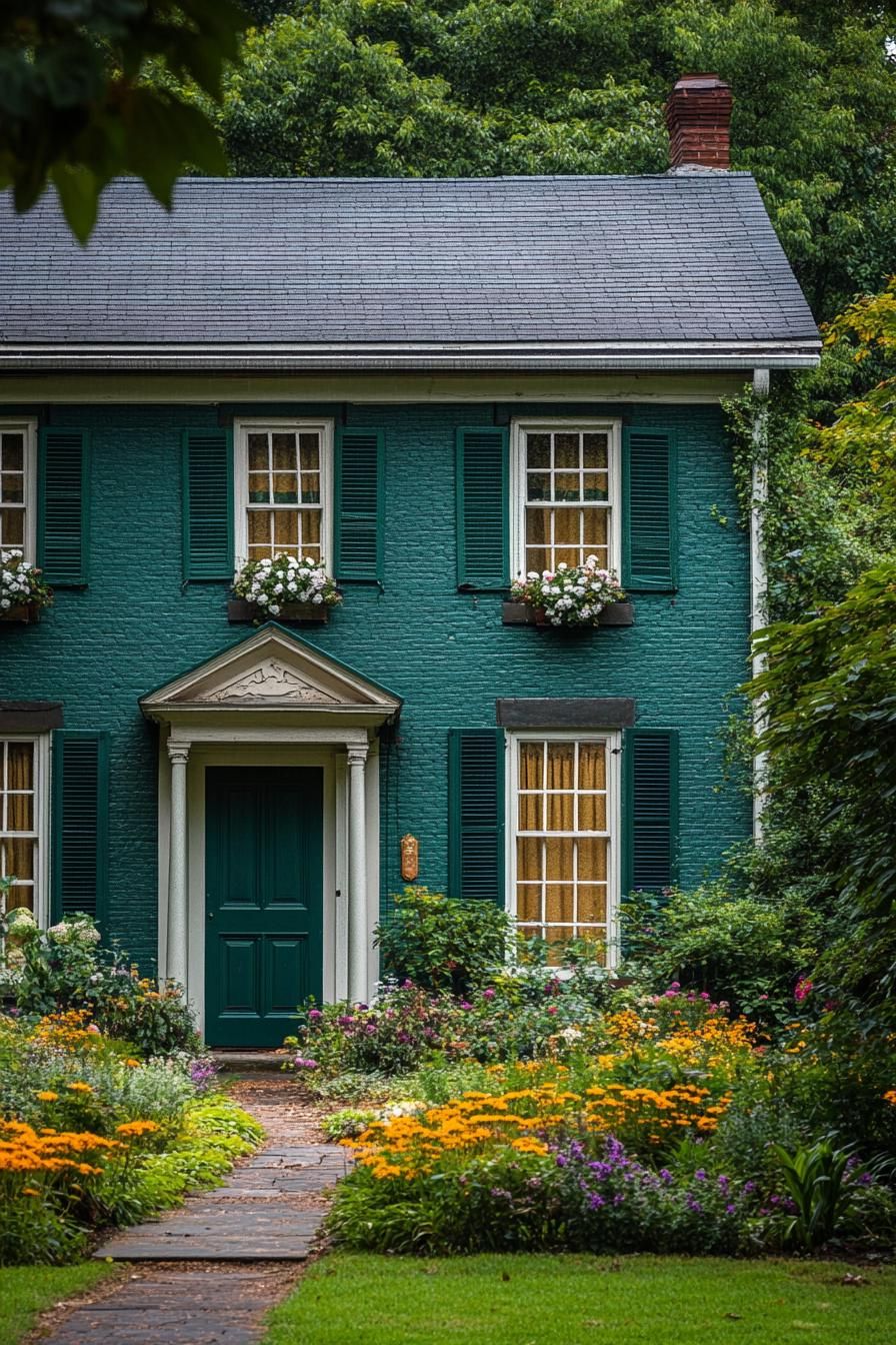 countryside two story house painted forest green modern shutter windows modern doors front garden with blooming flowers 1