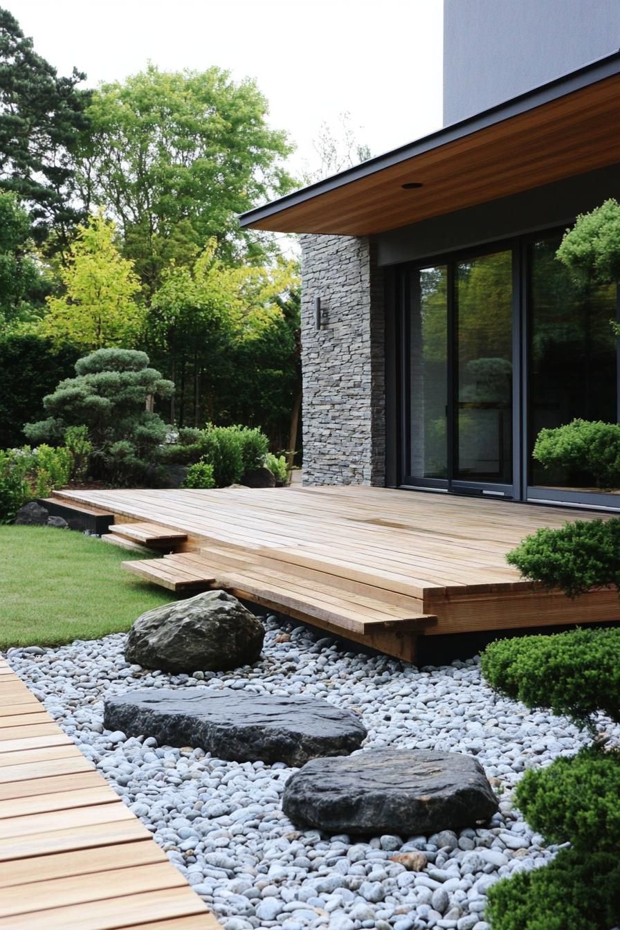 Wooden deck with stones and greenery