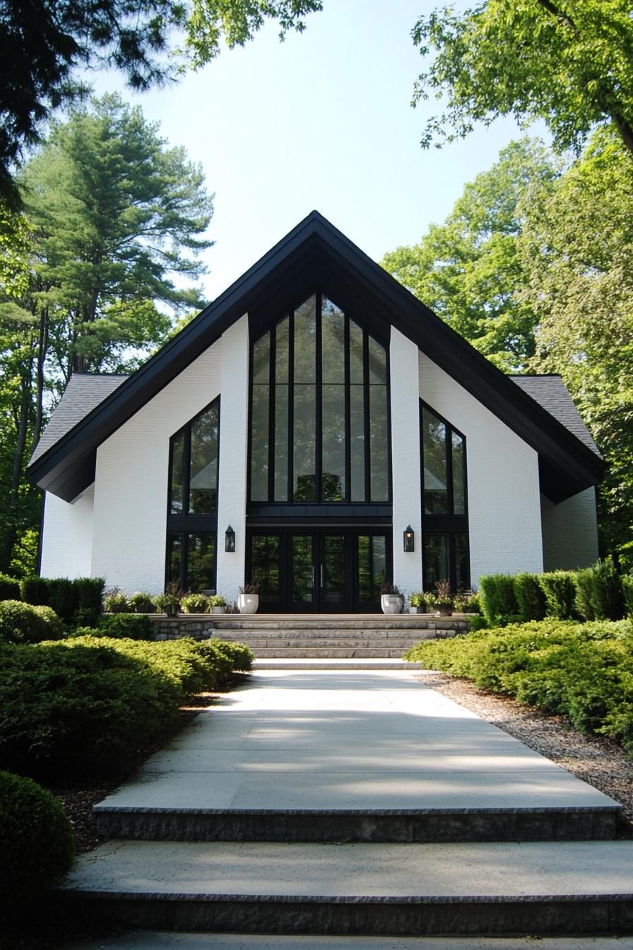 White house with prominent black roof and trim