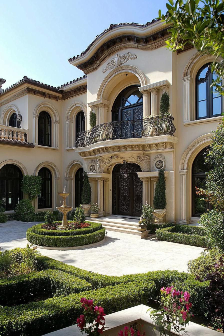 Upscale mansion with ornate balcony and lush garden