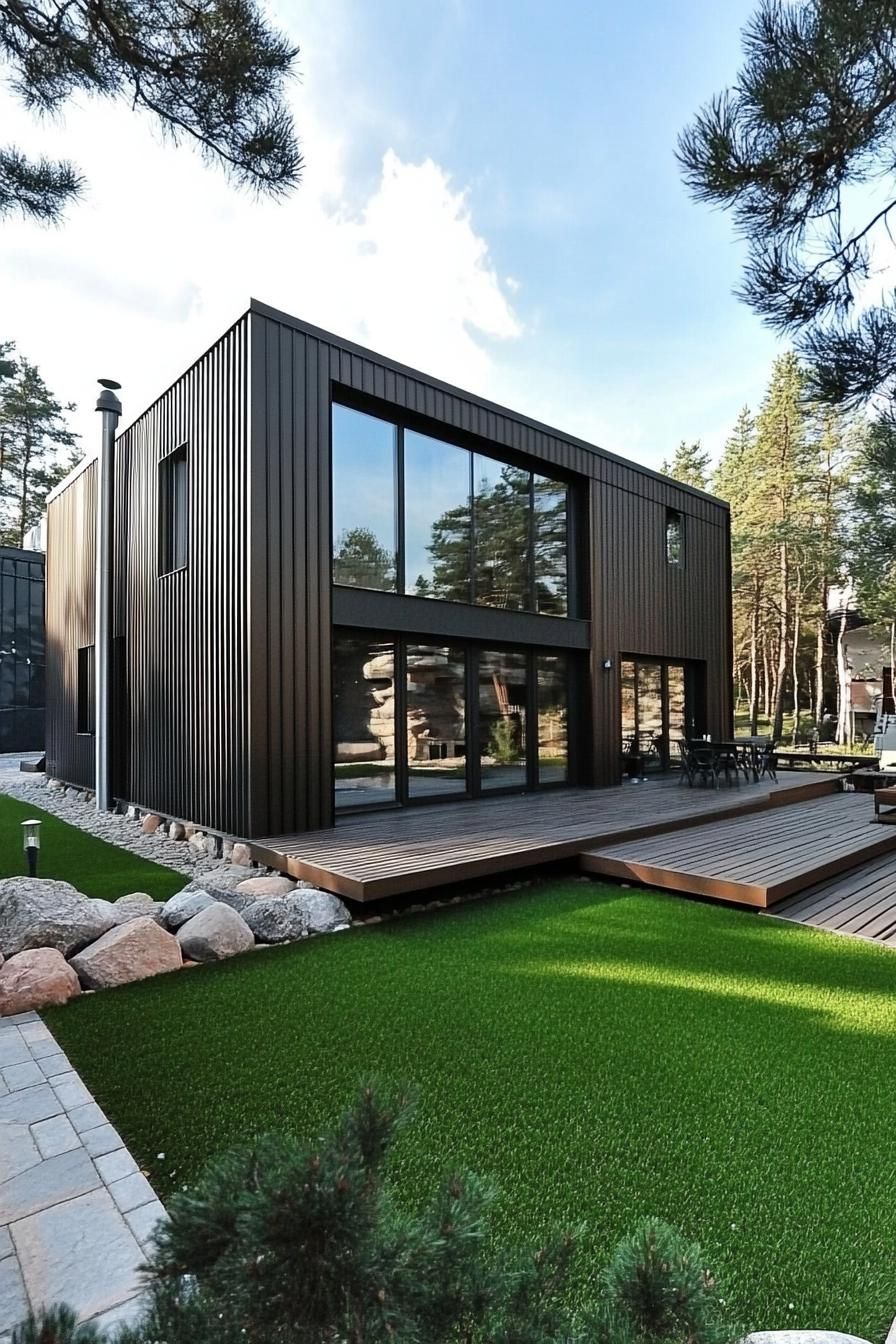 Modern house with brown cladding and large windows