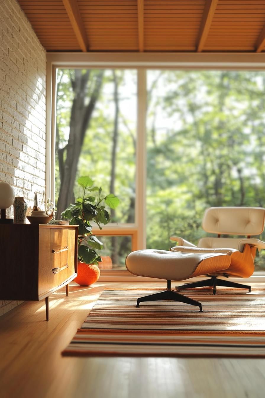 Mid-century modern living room with large window