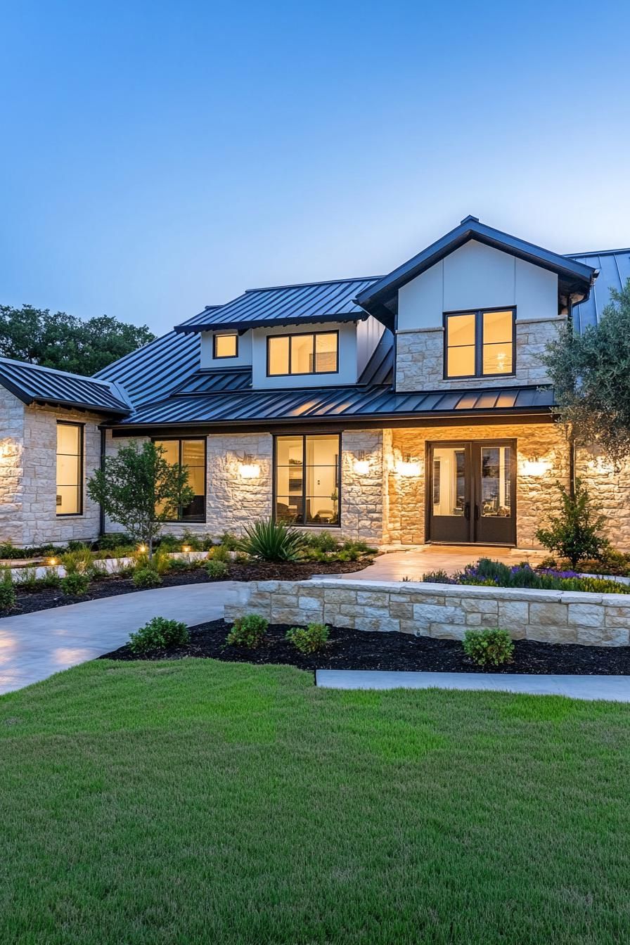 Modern house with stone façade at twilight