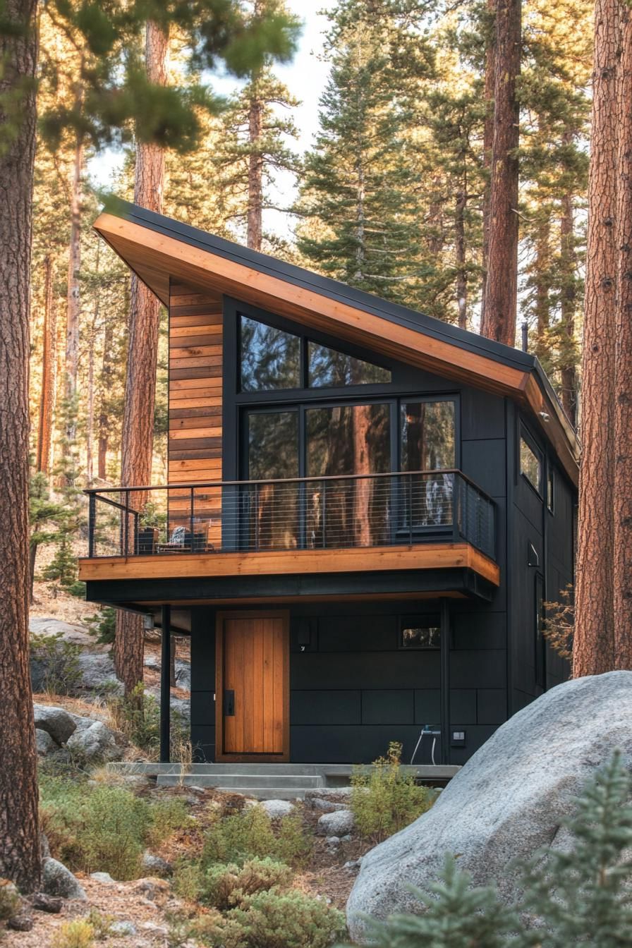 Modern mountain cabin with a slanted roof and balcony