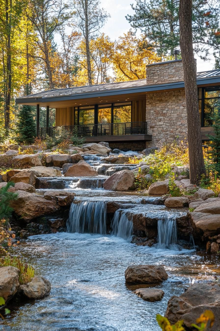 Elegant mountain home with a cascading stream