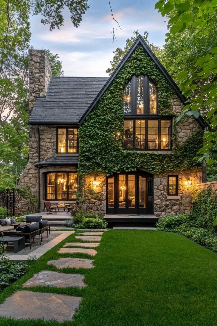 A stone Tudor house wrapped in ivy with glowing windows