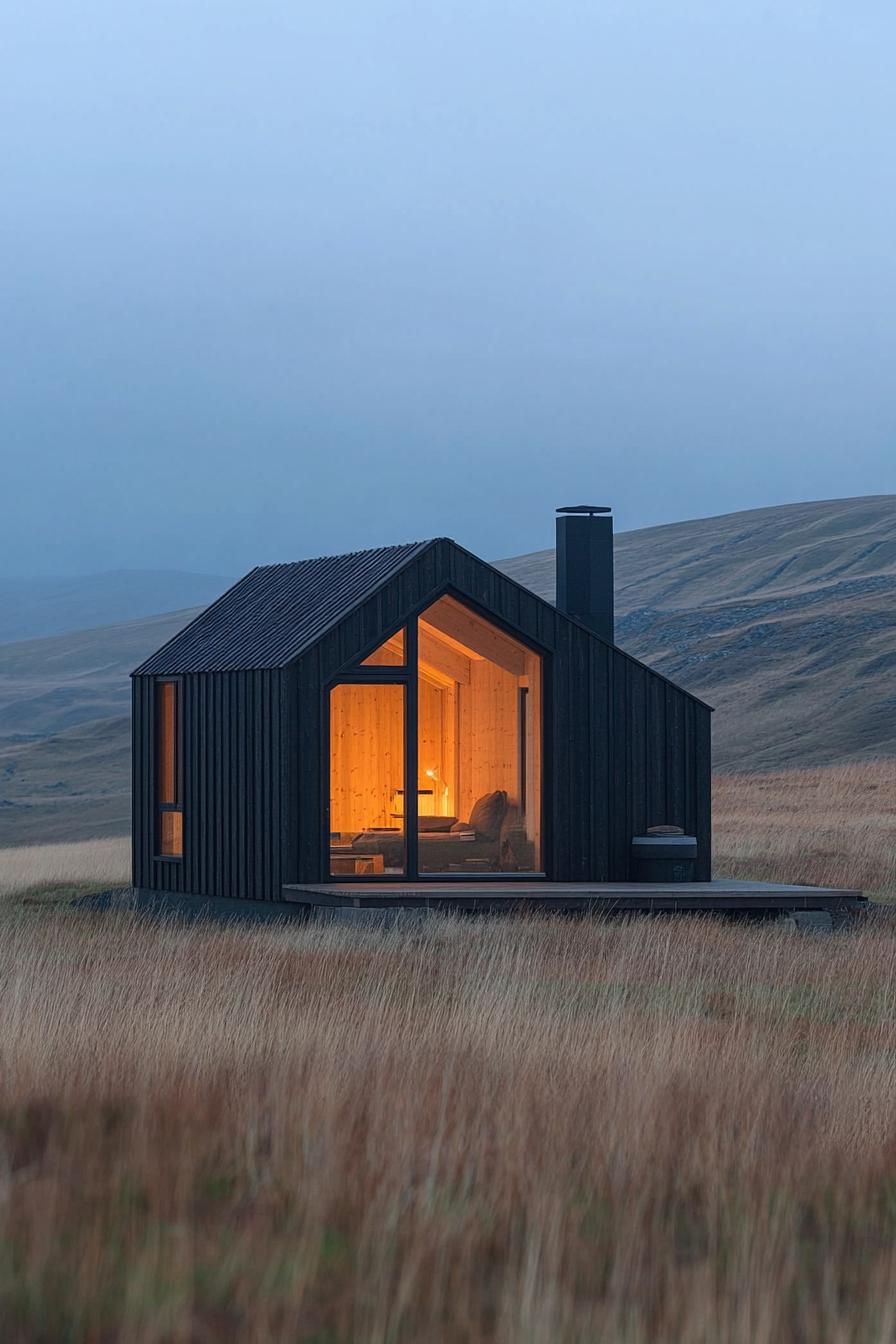 A cozy cabin glowing warmly in a field