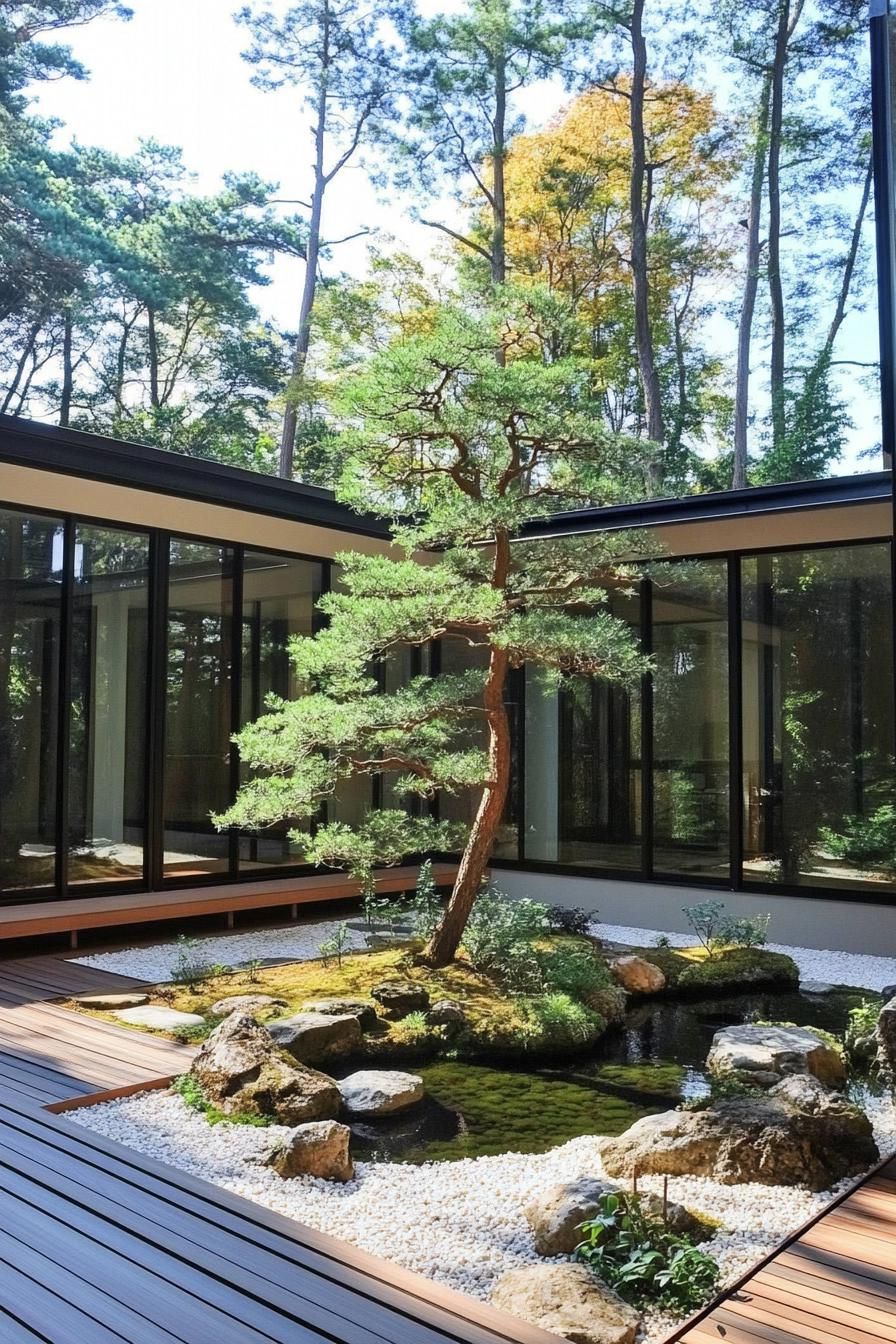 Serene Japanese courtyard with a central tree and stone accents