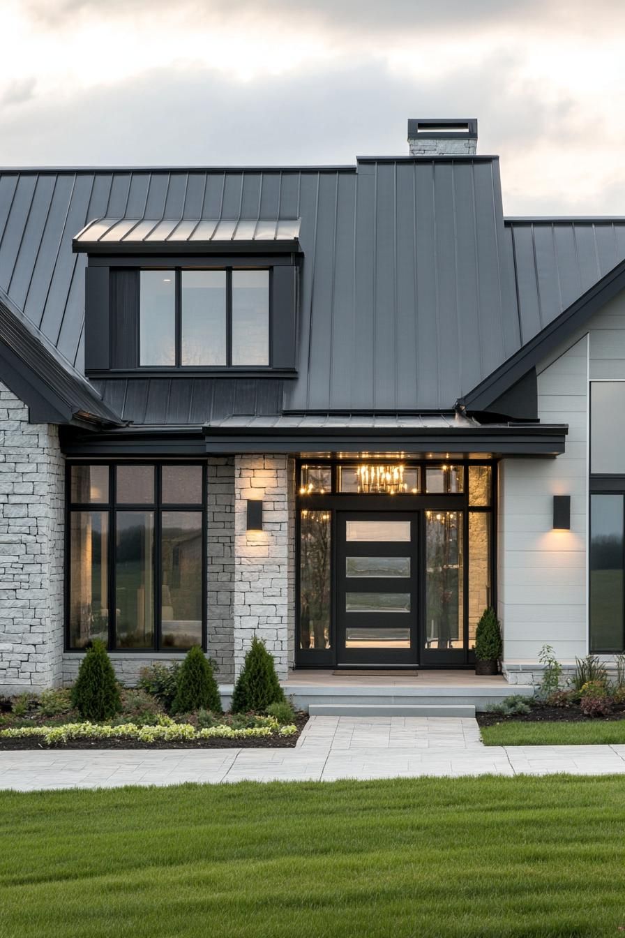 Modern house with stone facade and sleek roof