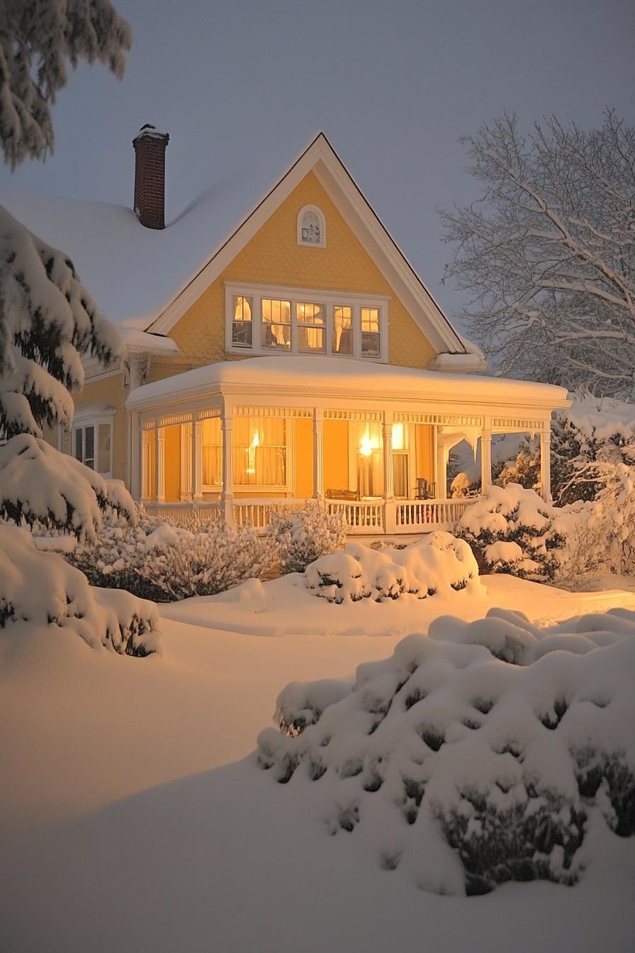 Edwardian style cottage house on winter night yellow siding white trim snow on the multi pitch roof with dormers wraparound porch with columns