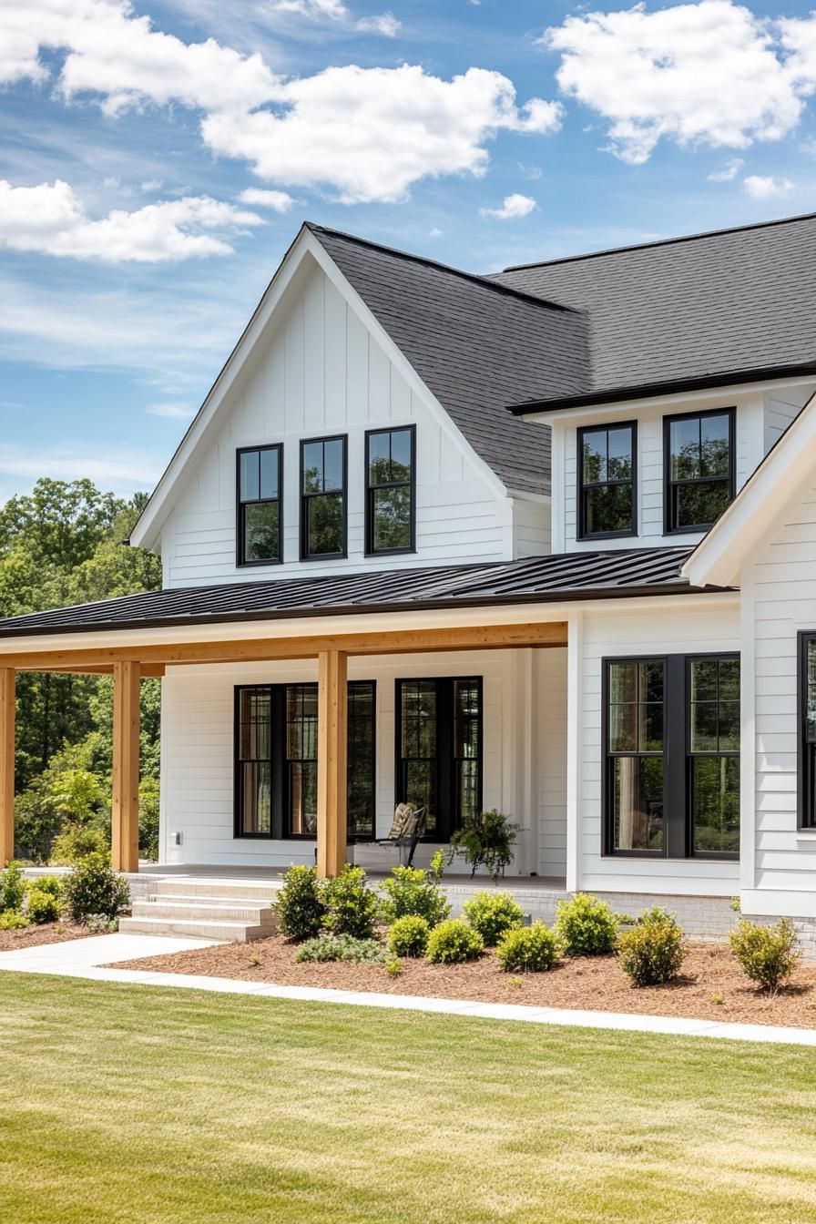 modern farmhouse with white siding white concrete foundation black multi pitched roof windows with black trim porch with natural wood beam posts 2