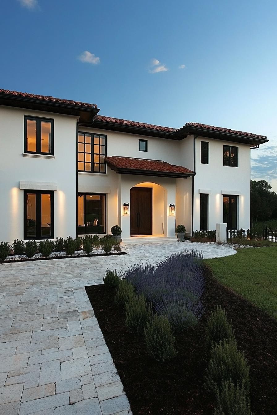 Modern Spanish villa with a stone path and red-tiled roof