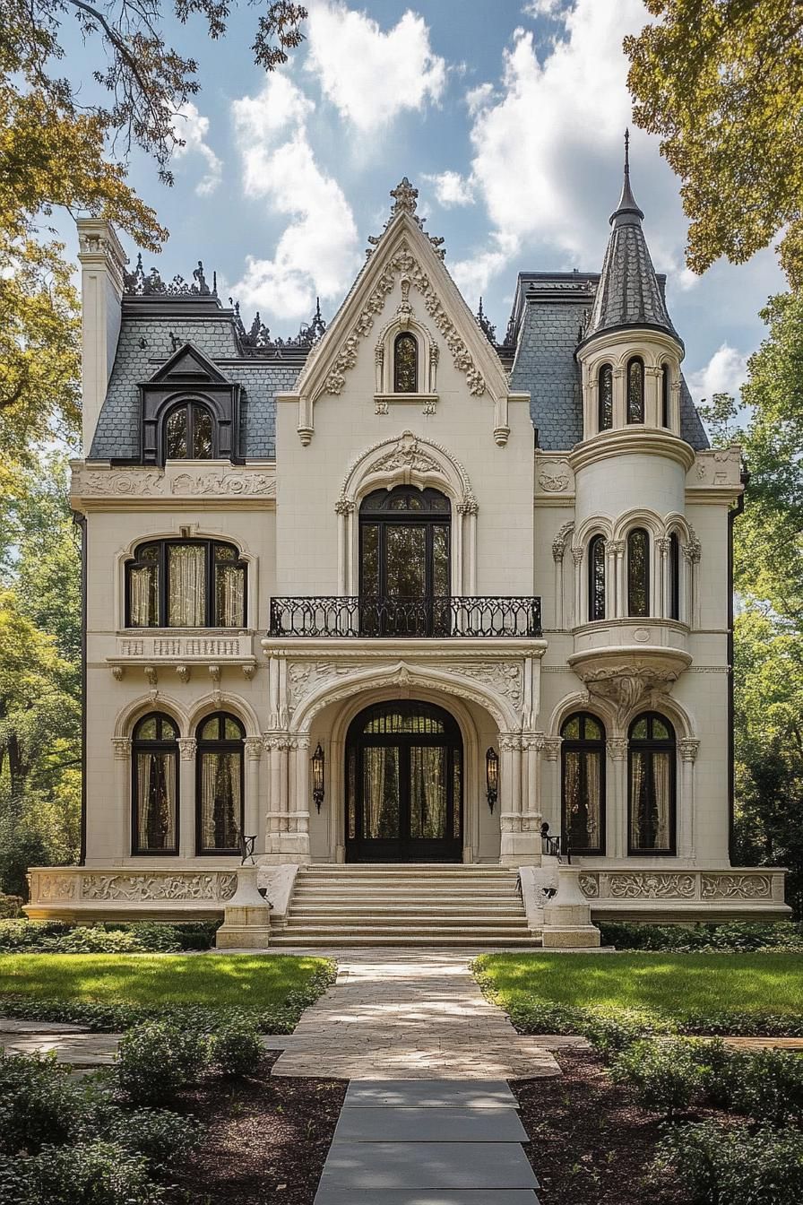 Victorian mansion symmetrical facade with turrets many arched windows creamy stucco front iron balcony