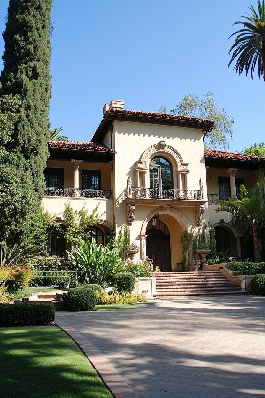 Mediterranean villa with an arched entrance and lush greenery