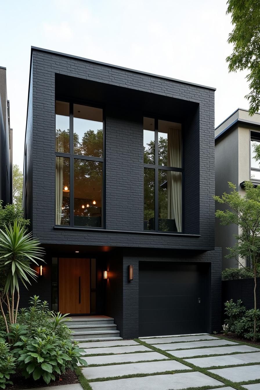 Sleek black modern house with large windows and lush greenery