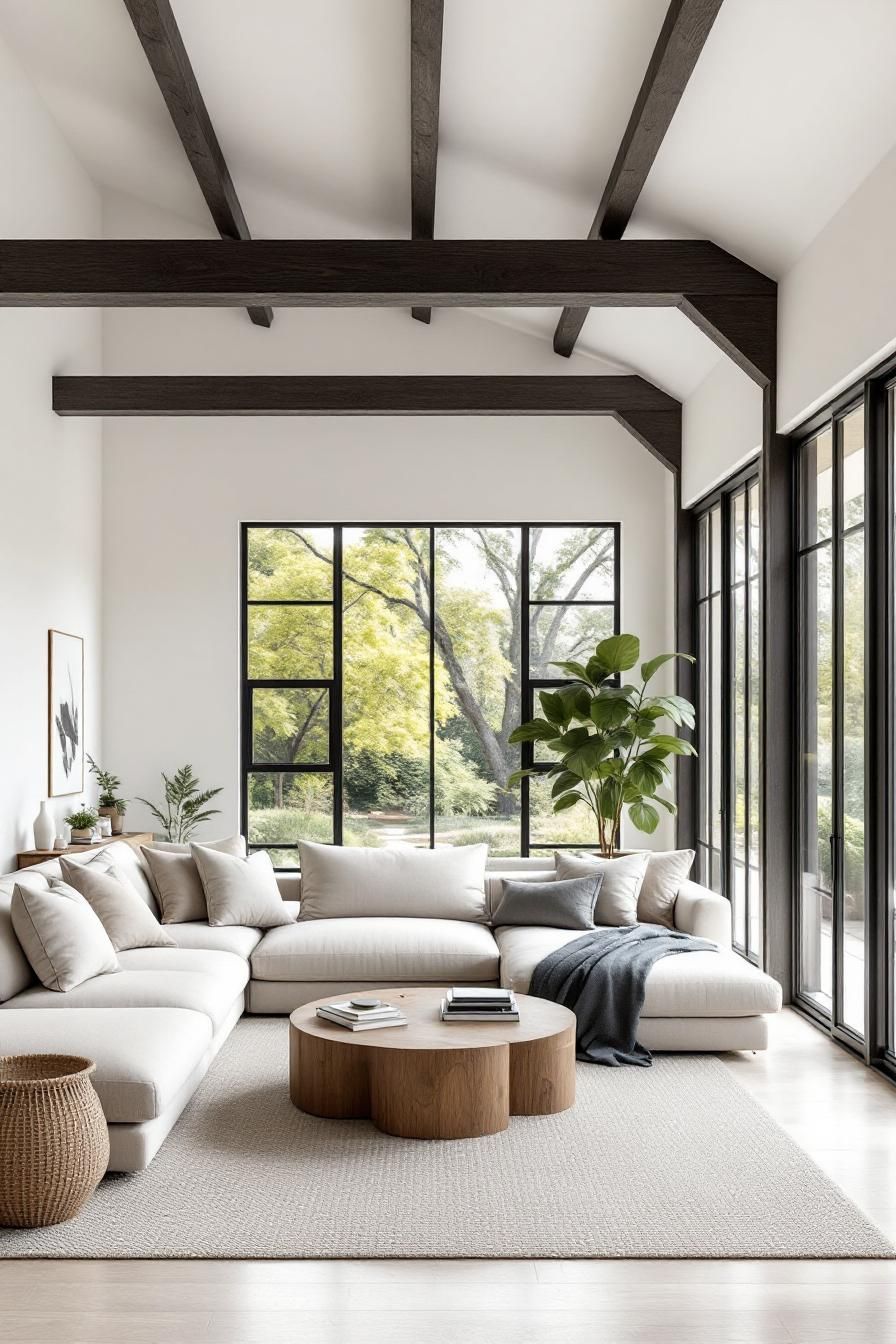 Spacious living room with large windows and neutral decor