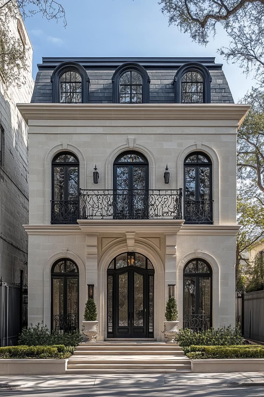 Classical stone mansion with arched windows and a symmetrical facade