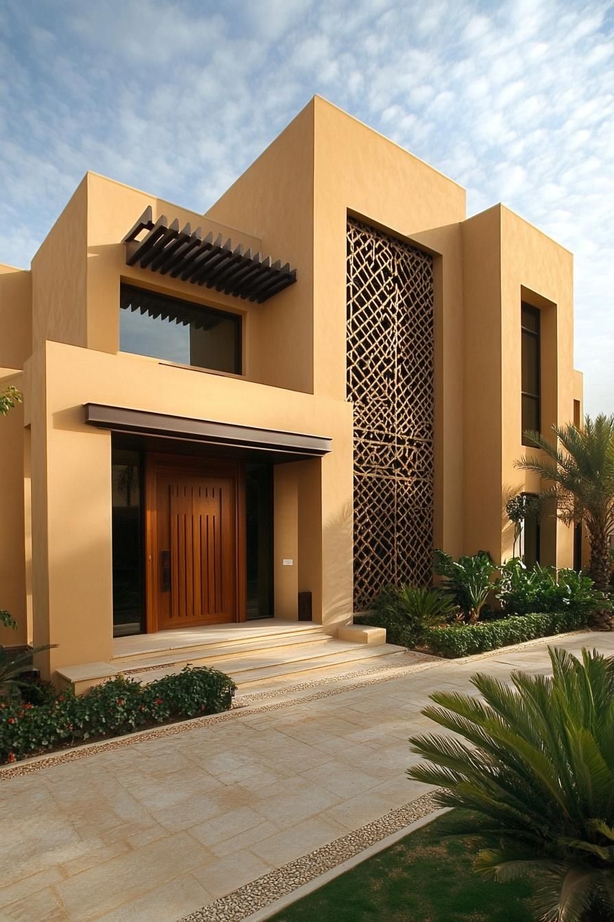 Modern Arabic-style house with intricate wooden latticework