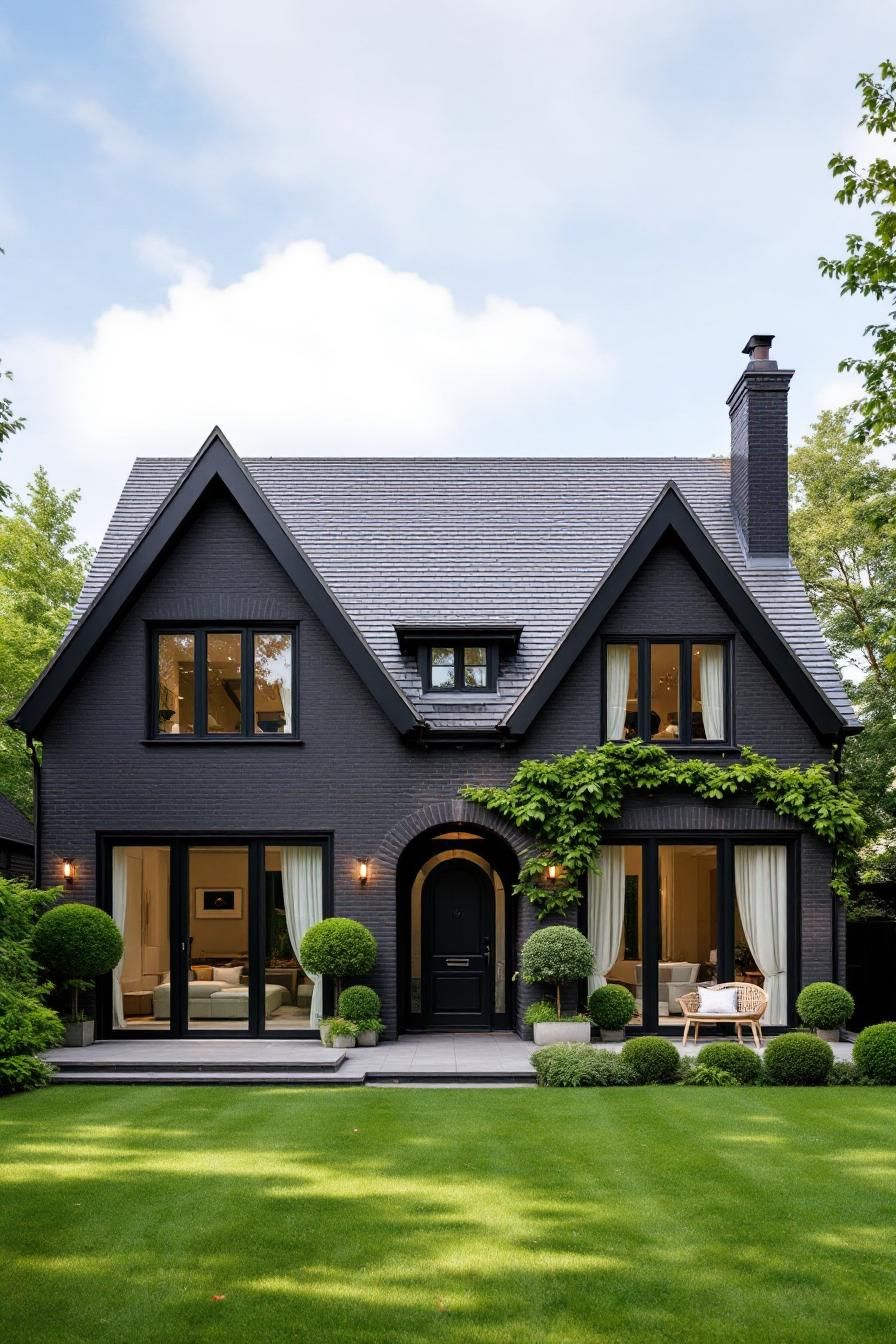 Dark modern suburban house with arched doorway