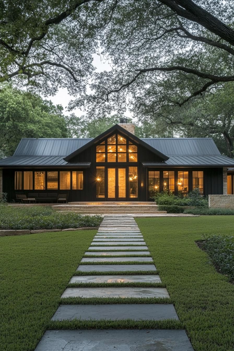 Ranch-style home with glowing windows and stone path