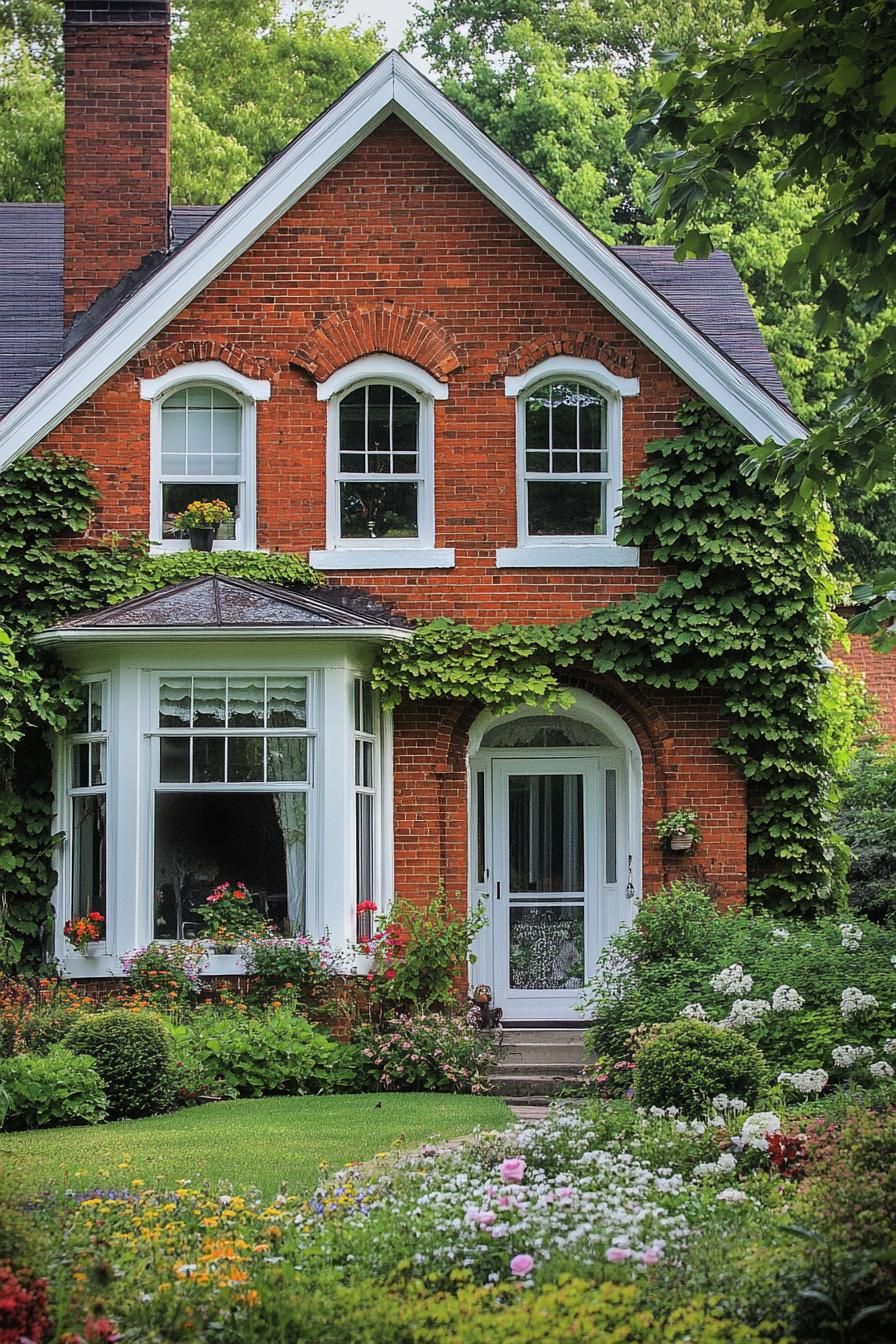 countryside English brick manor house with white windows bay windows vine on facade front yard with native flower garden 1