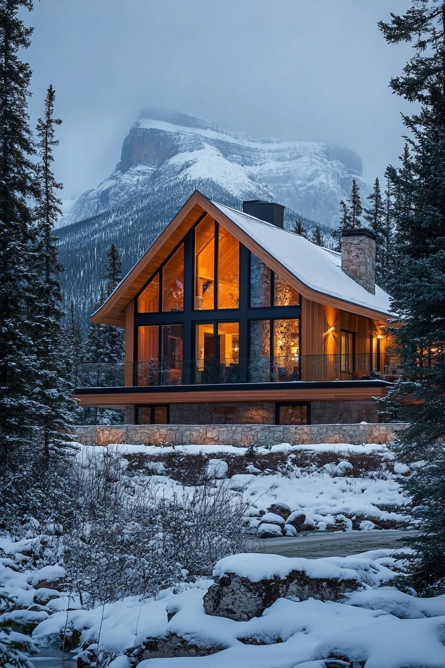 A-frame cabin with large windows by snowy mountains