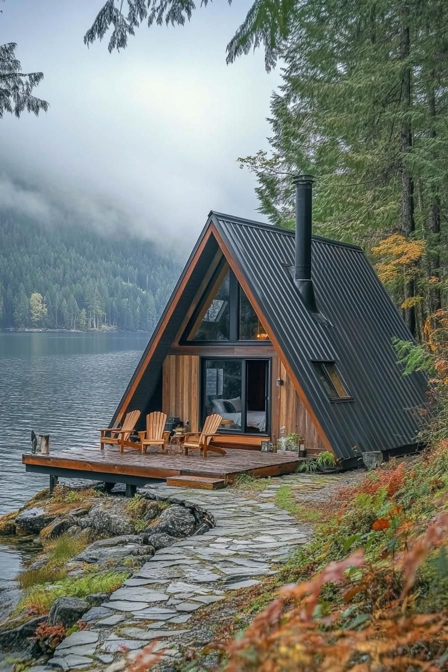 modern tiny a frame cabin by the lake wooden siding metal roof pipe chimney adirondack deck chairs stone path to the lake misty forest and