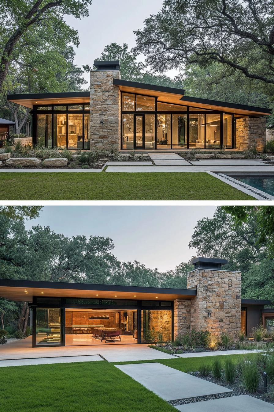 Front view of a modern ranch house with large glass windows and stone chimney