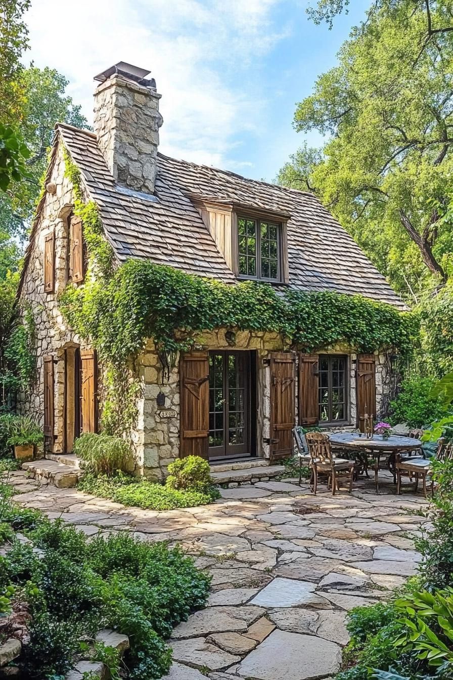 Charming stone cottage covered in greenery with patio