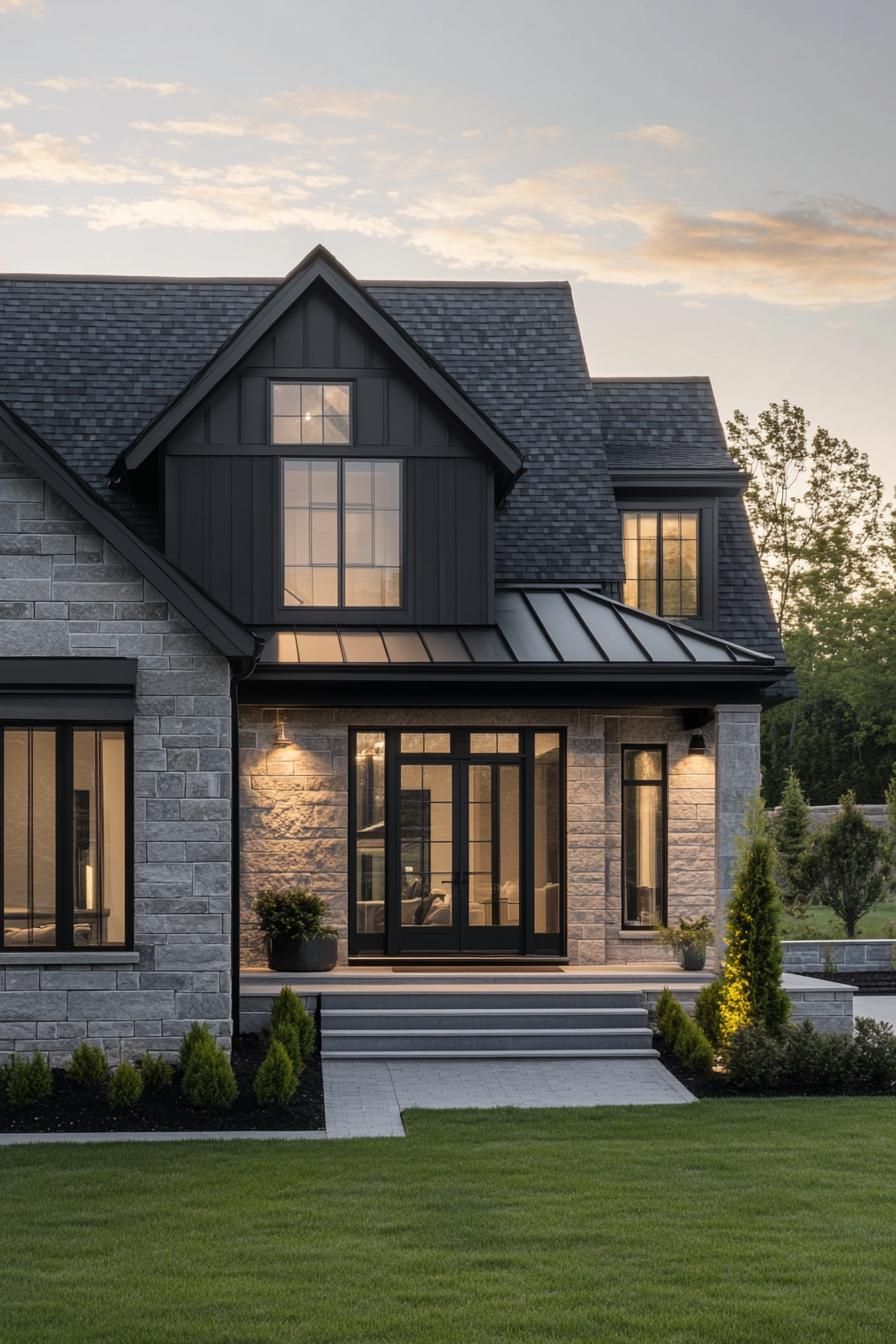 Modern house with gable roof and stone exterior