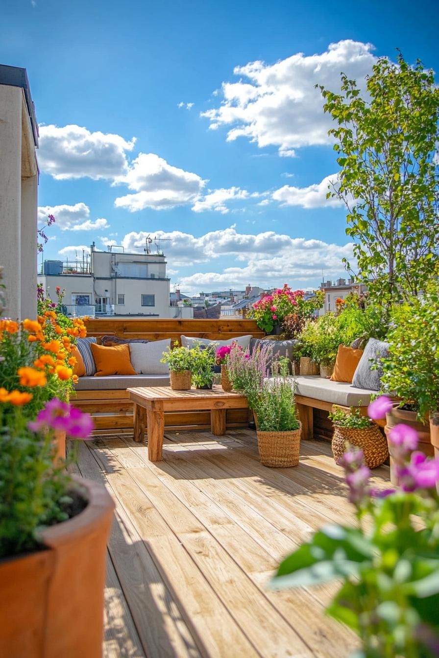 rooftop terrace with wooden deck buit in benches with pillows buildint planters with flowers and small trees farmhouse style furniture