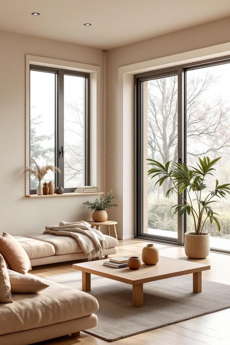 Minimalist living room with neutral tones and large windows