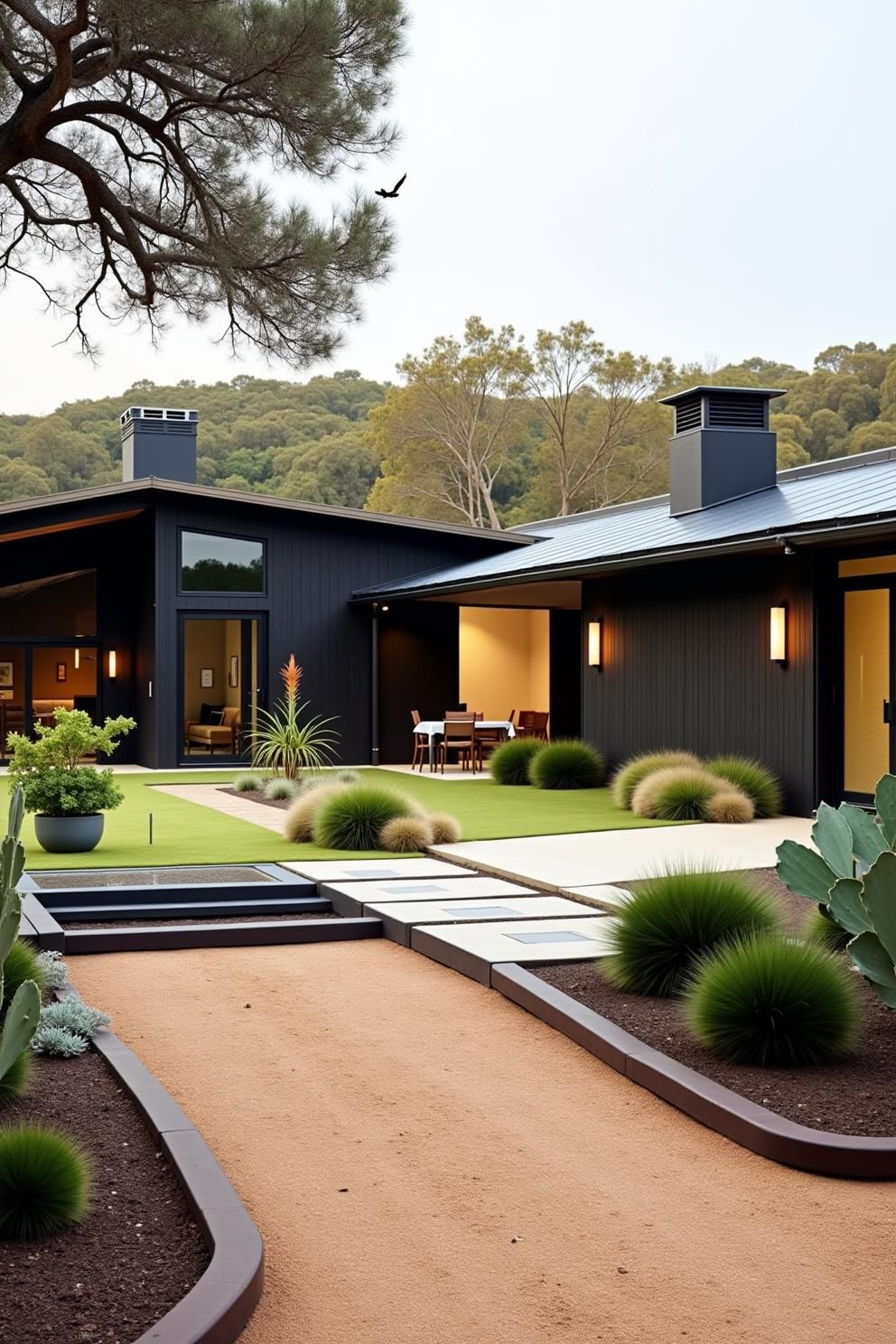 Black modern ranch house with a sleek yard