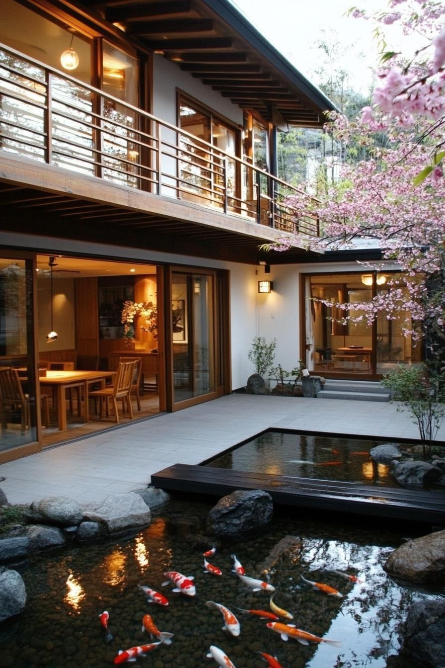 Japanese-style house with koi pond and cherry blossoms