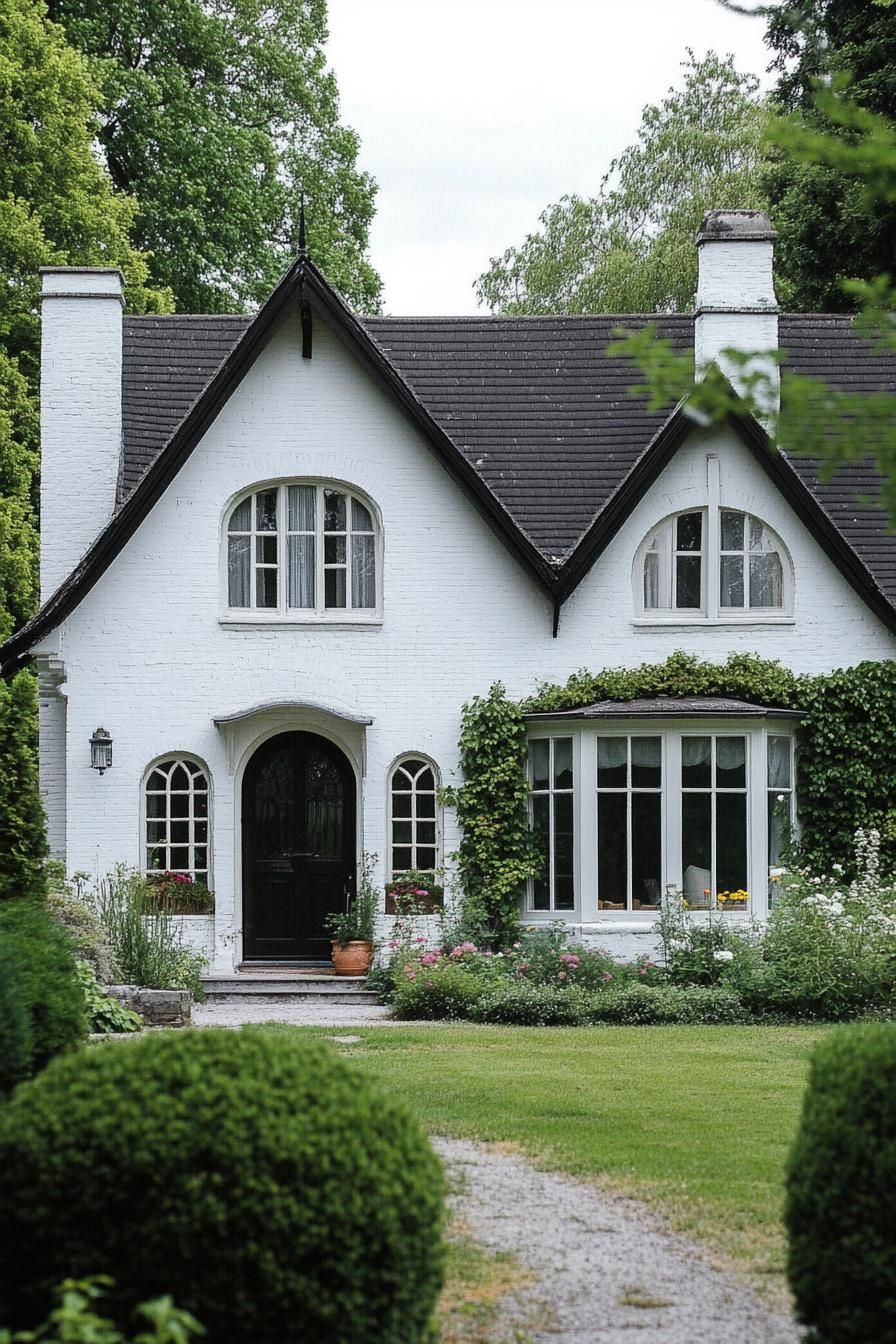 white cottage house with multi pitched roof modern and bay windows front yard with shrubs