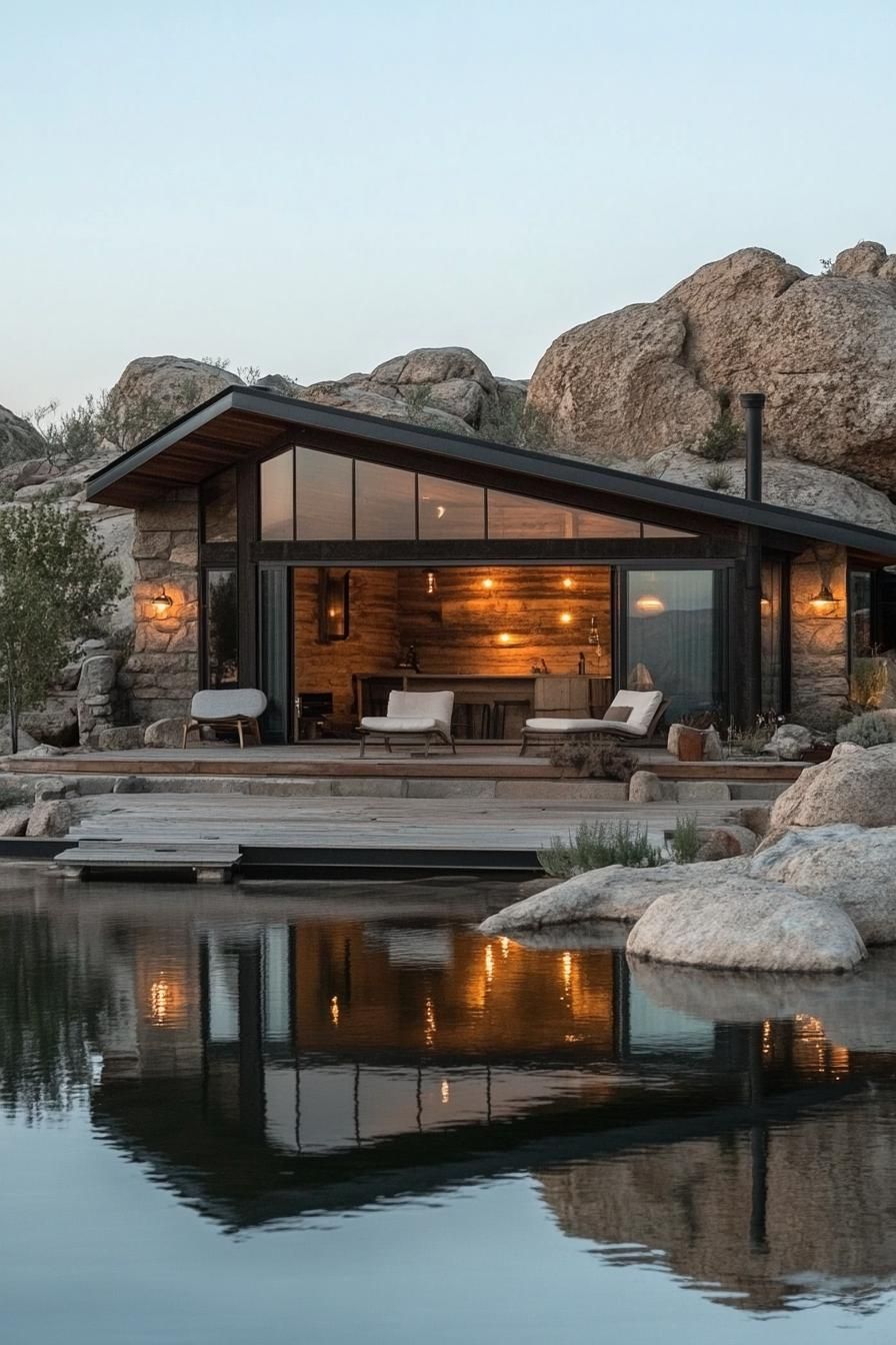 A modern cabin nestled among large boulders beside a tranquil lake