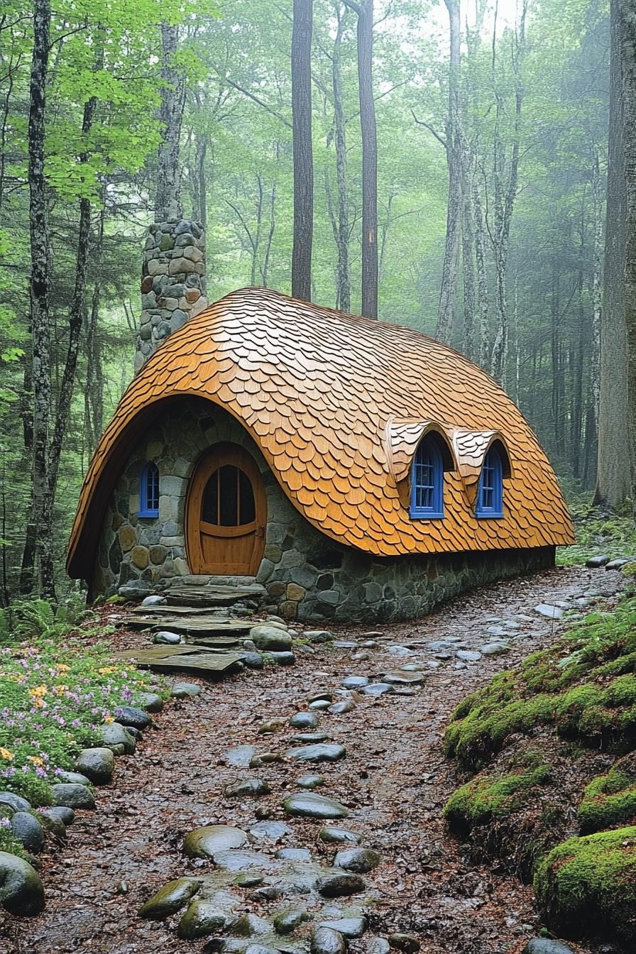 Fairytale cottage with whimsical architecture in a forest