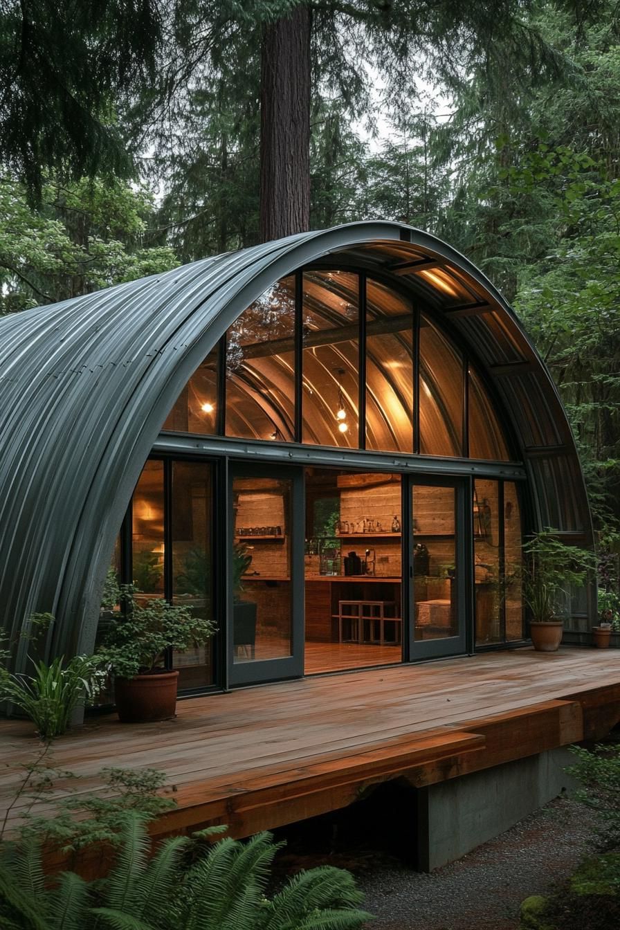 Quonset hut with glass front nestled in forest