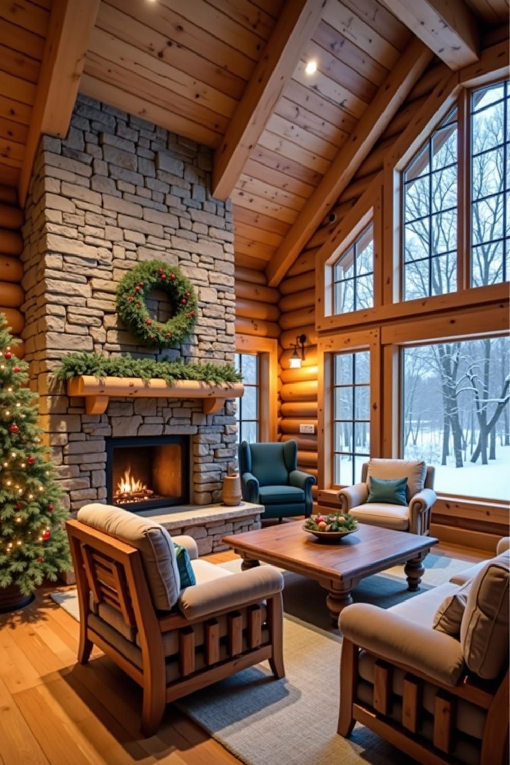 Cozy log cabin with a roaring fireplace