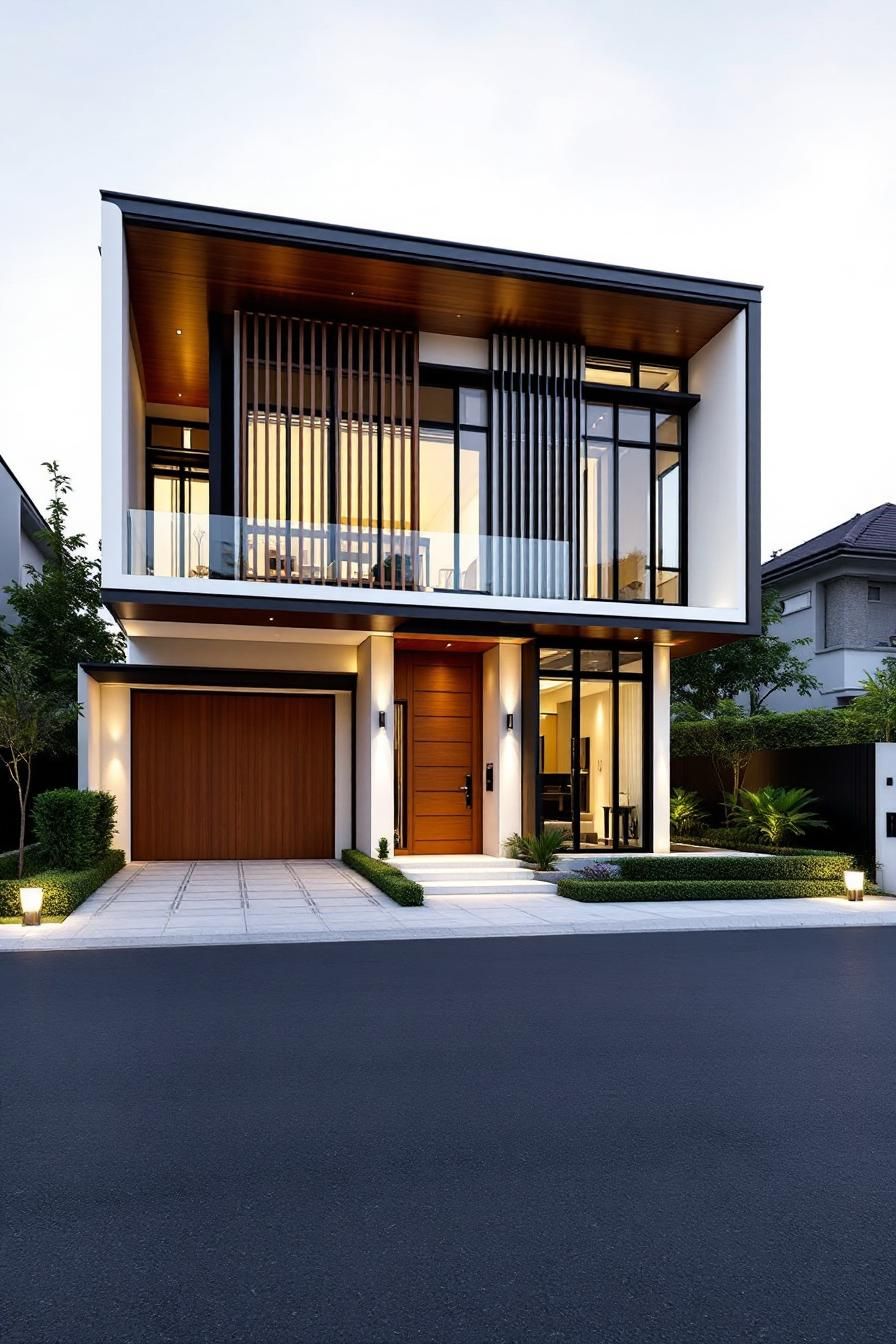 Modern Thai house with large windows and wooden paneling