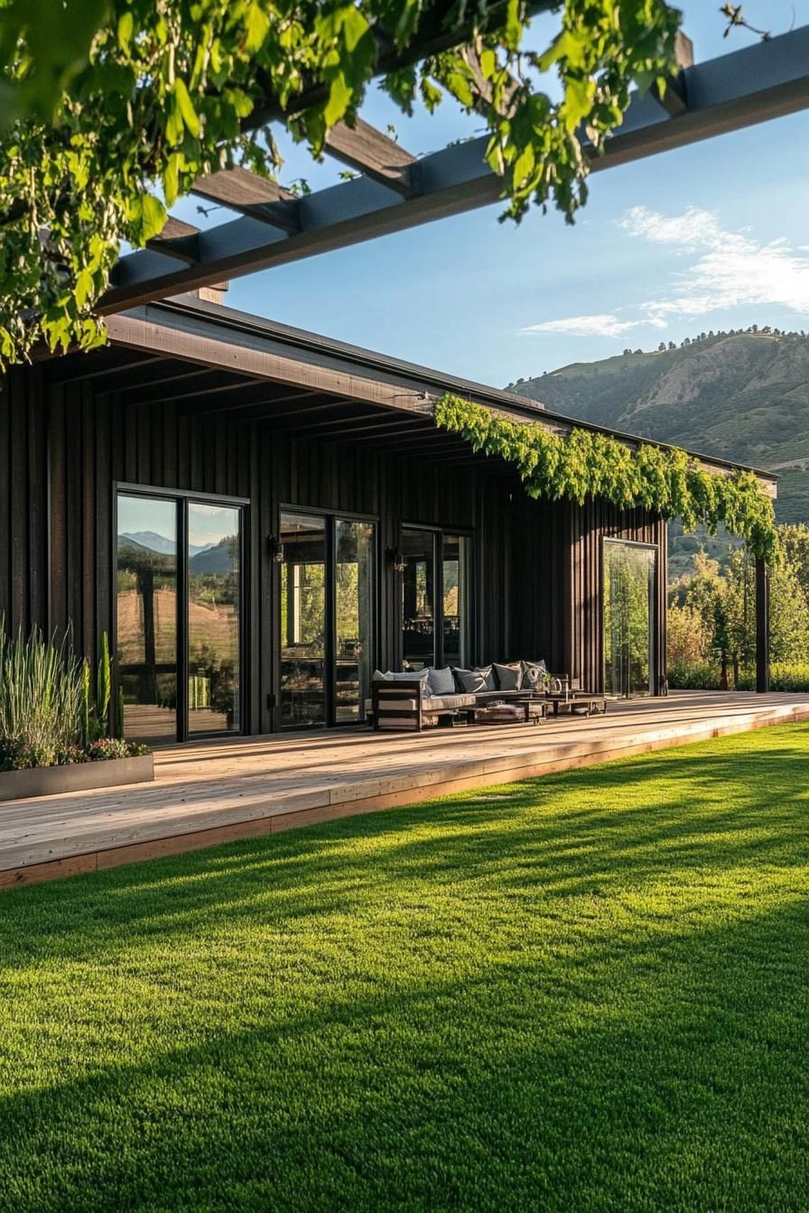 Modern long house with mountain view and wooden deck