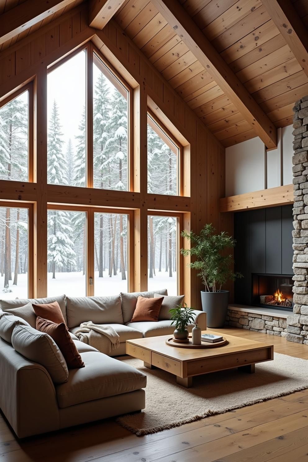 Bright cabin living room with fireplace and large windows