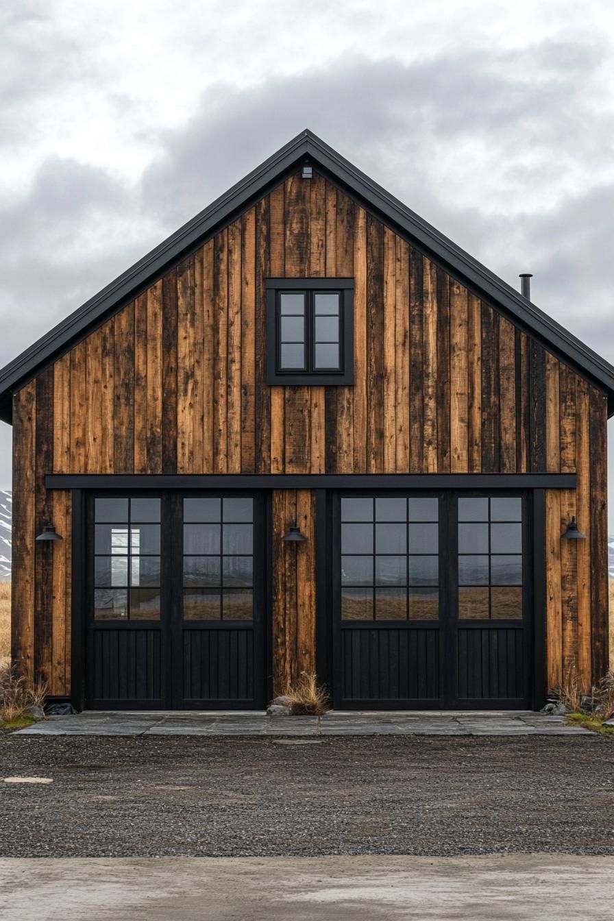 Wooden barn facade with black framed windows