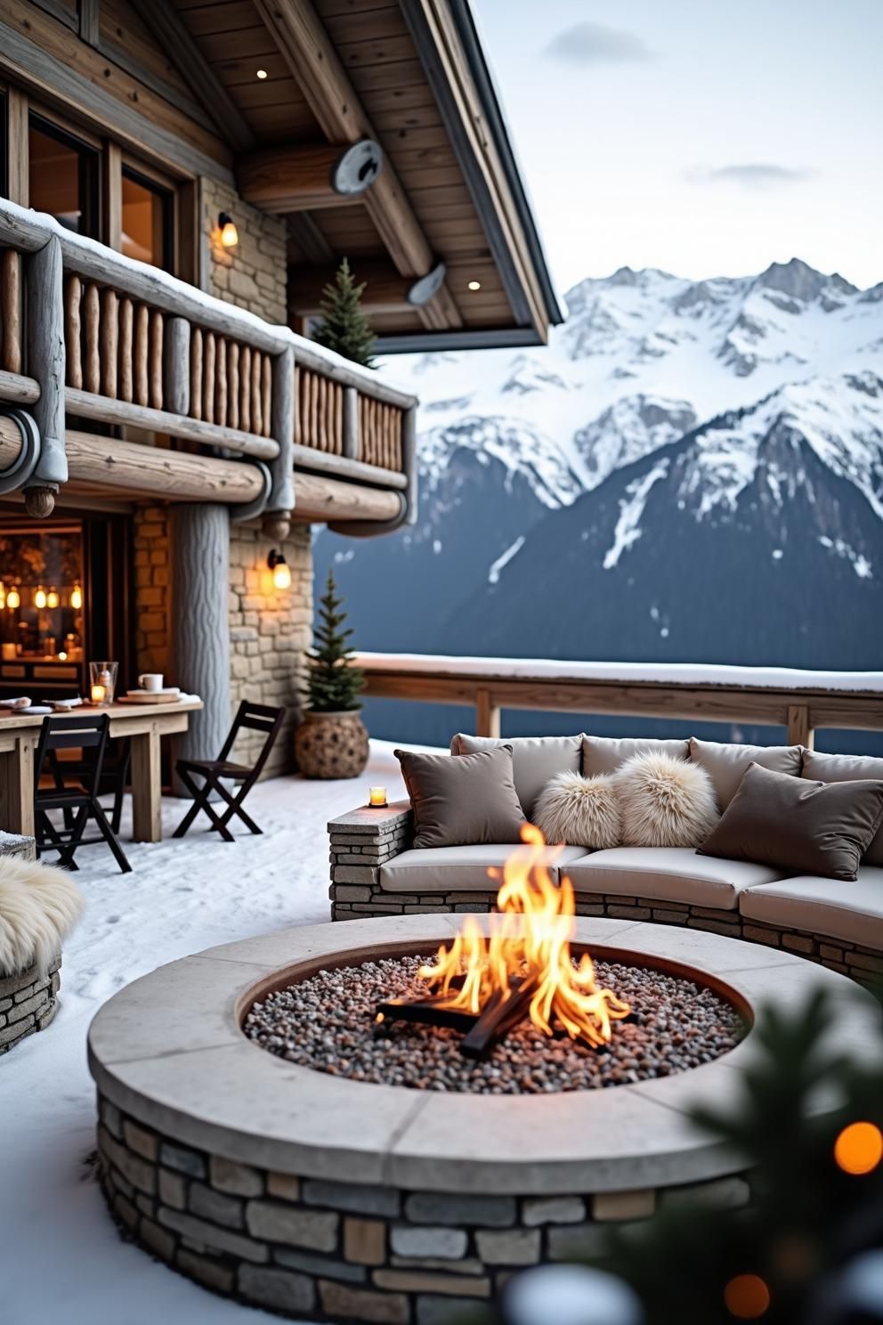 Warm fire pit and soft seating at a snow-touched cabin