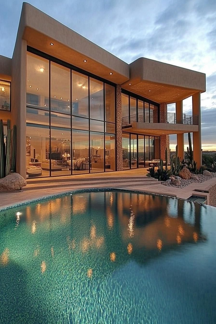 Modern glass-front house beside a pool at twilight