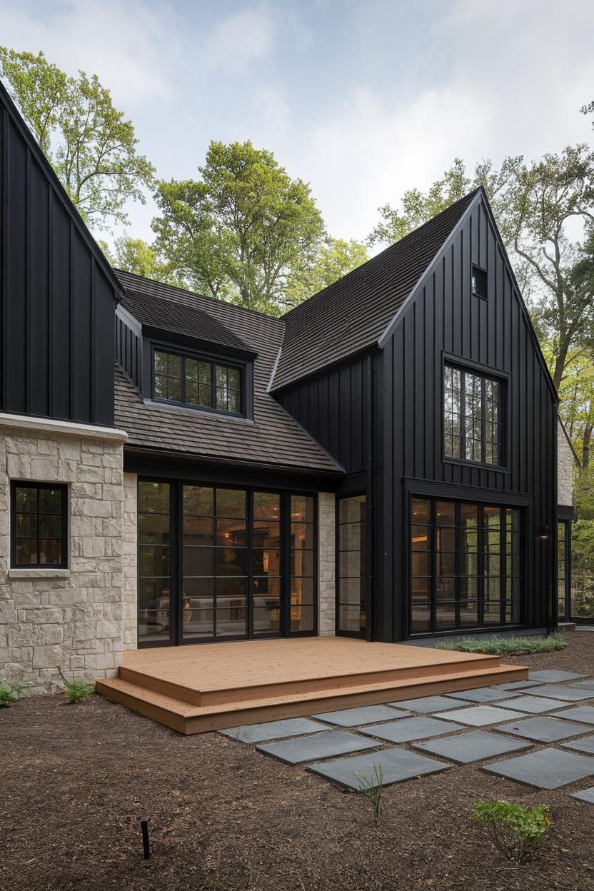 Contemporary black house with gabled roof surrounded by trees