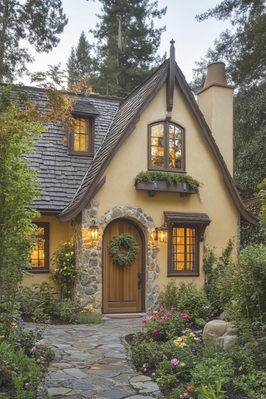 A cozy cottage with shingled roof and stone pathway