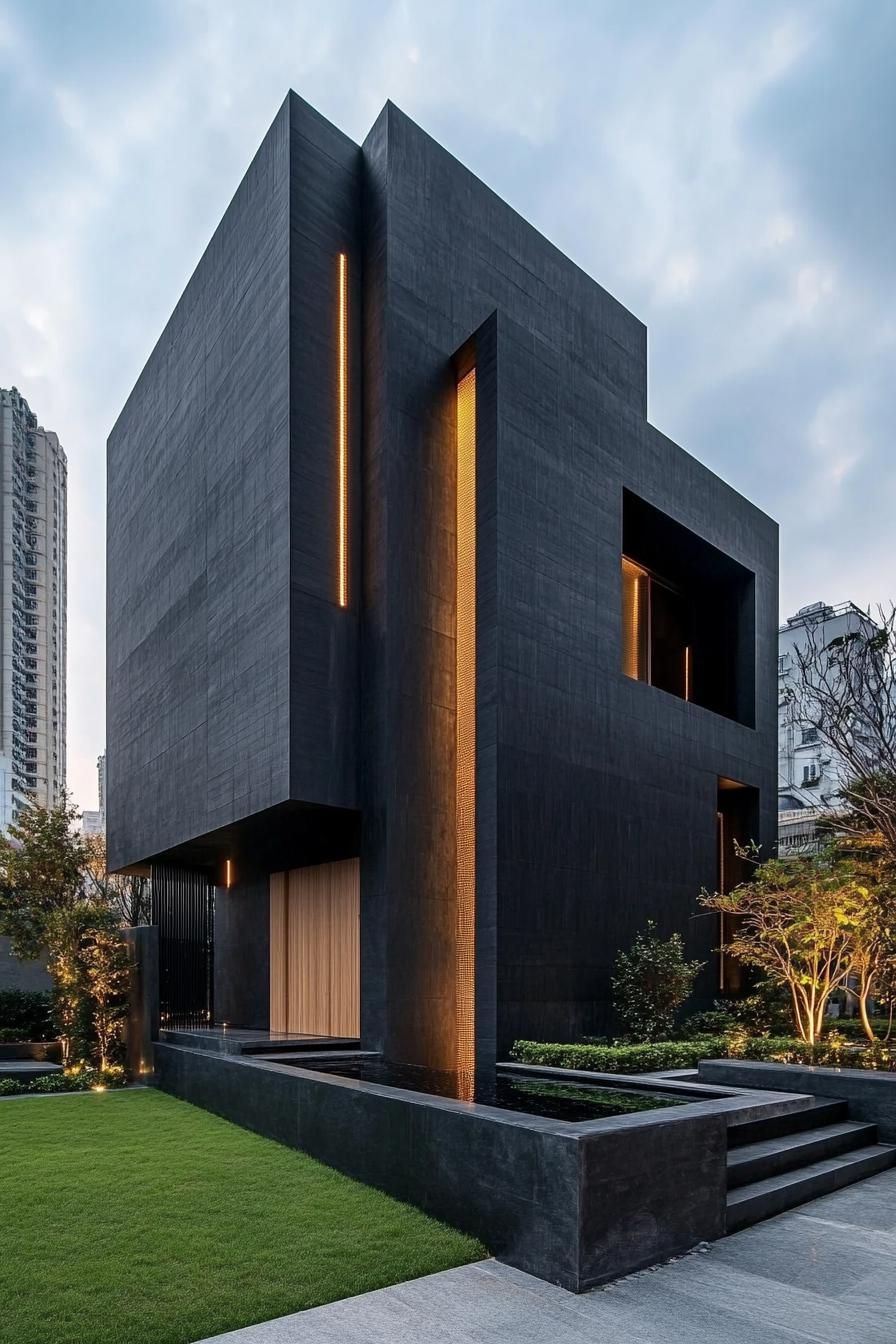 Sleek black house with glowing orange highlights